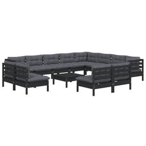 vidaXL 13-Piece Garden Lounge Set with Cushions Black Solid Pine Wood