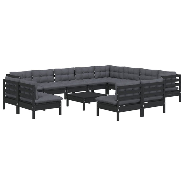 vidaXL 13-Piece Garden Lounge Set with Cushions Black Solid Pine Wood