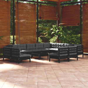 vidaXL 13-Piece Garden Lounge Set with Cushions Black Solid Pine Wood