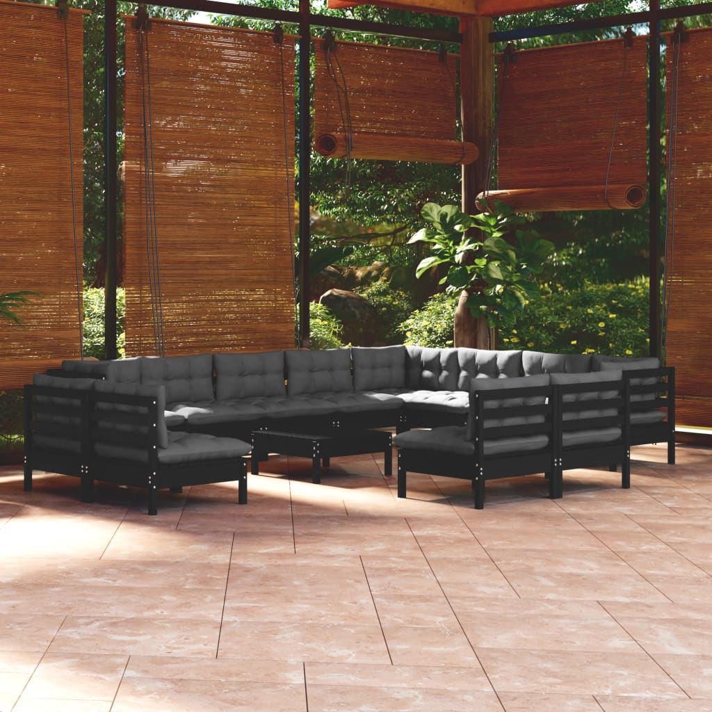 vidaXL 13-Piece Garden Lounge Set with Cushions Black Solid Pine Wood