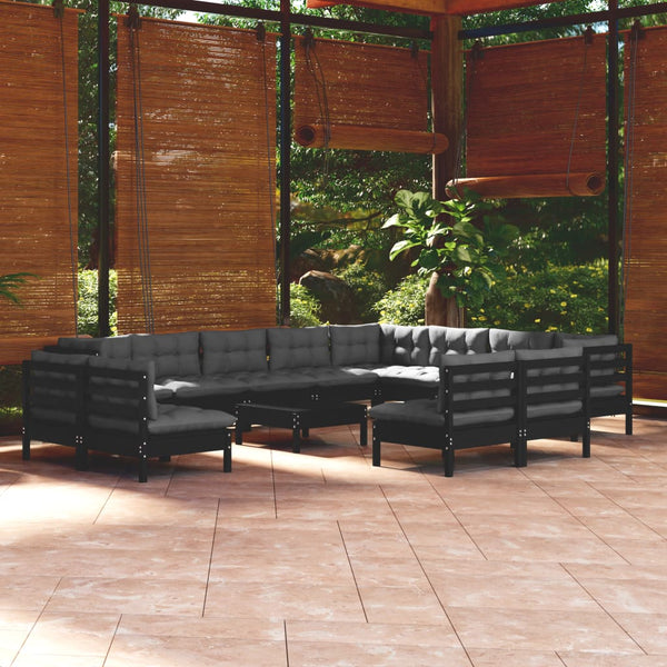 vidaXL 13-Piece Garden Lounge Set with Cushions Black Solid Pine Wood