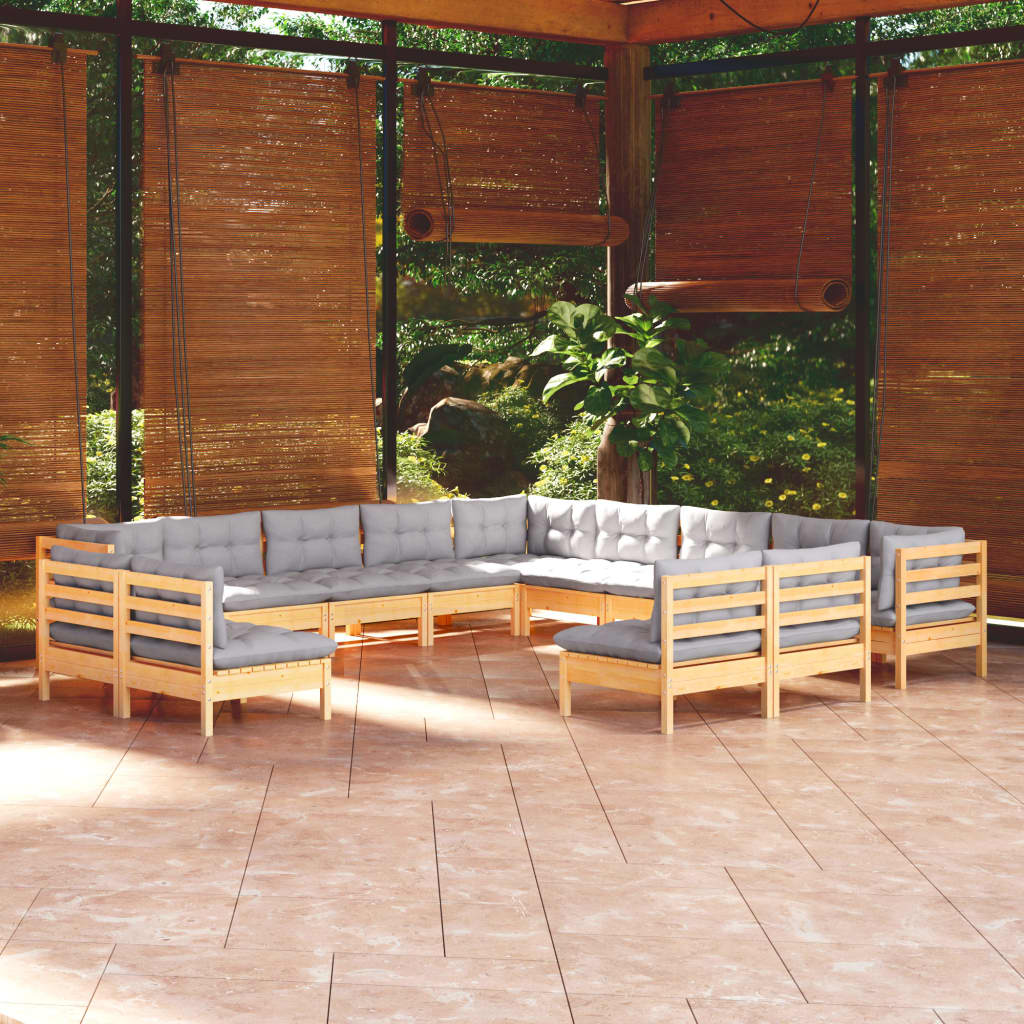 vidaXL 13-Piece Garden Lounge Set with Grey Cushions Solid Pine Wood