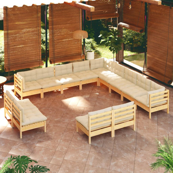 vidaXL 13-Piece Garden Lounge Set with Cream Cushions Solid Pine Wood