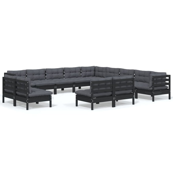 vidaXL 13-Piece Garden Lounge Set with Cushions Black Solid Pine Wood