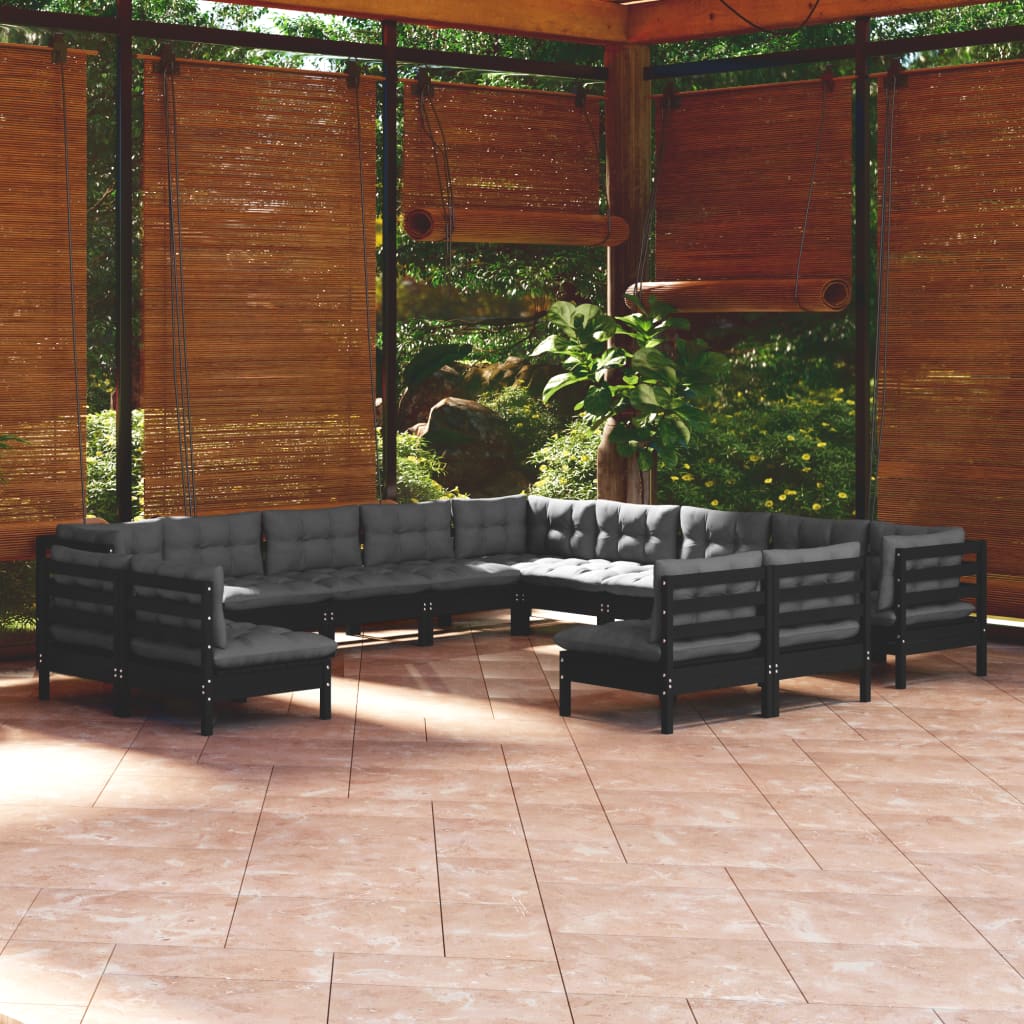 vidaXL 13-Piece Garden Lounge Set with Cushions Black Solid Pine Wood