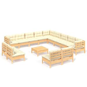 vidaXL 14-Piece Garden Lounge Set with Cream Cushions Solid Pine Wood