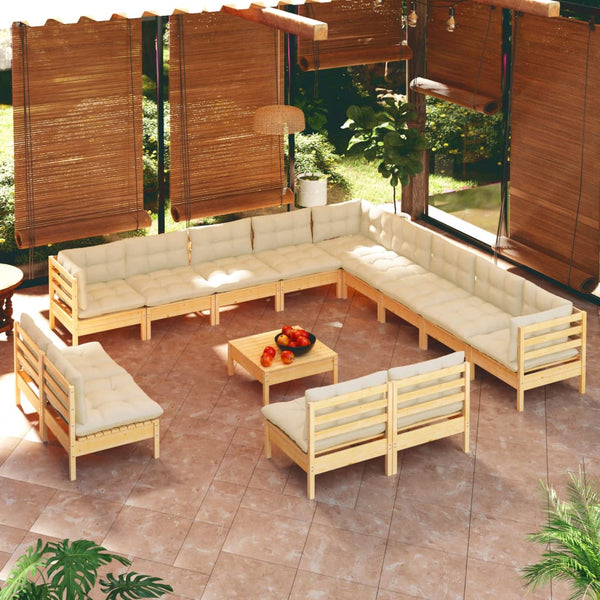vidaXL 14-Piece Garden Lounge Set with Cream Cushions Solid Pine Wood