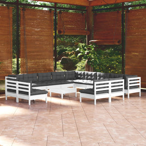 vidaXL 14-Piece Garden Lounge Set with Cushions White Solid Pine Wood