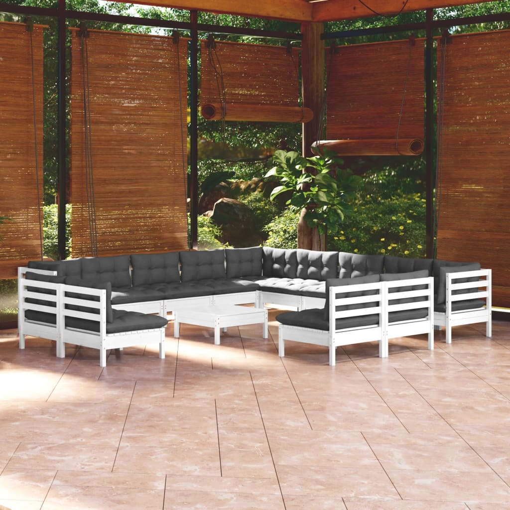 vidaXL 14-Piece Garden Lounge Set with Cushions White Solid Pine Wood