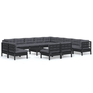 vidaXL 14-Piece Garden Lounge Set with Cushions Black Solid Pine Wood
