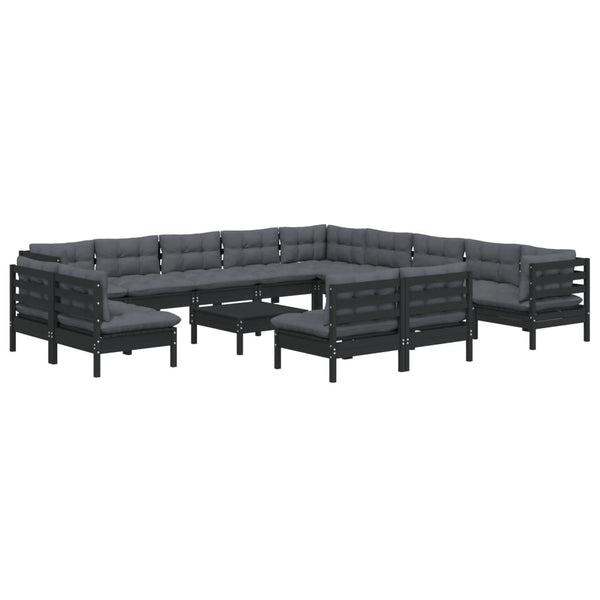 vidaXL 14-Piece Garden Lounge Set with Cushions Black Solid Pine Wood
