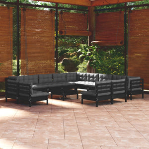 vidaXL 14-Piece Garden Lounge Set with Cushions Black Solid Pine Wood