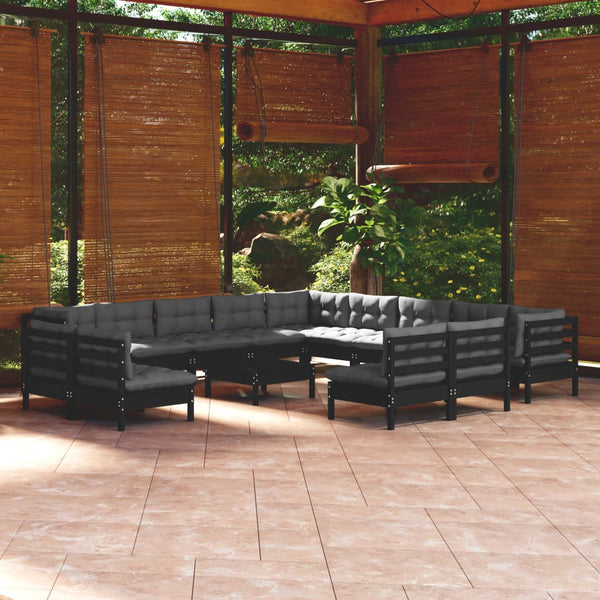 vidaXL 14-Piece Garden Lounge Set with Cushions Black Solid Pine Wood