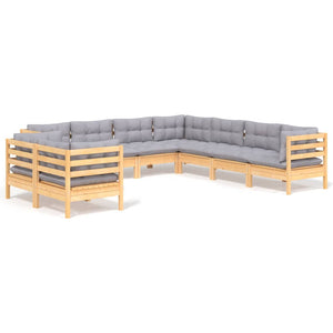 vidaXL 9-piece Garden Lounge Set with Grey Cushions Solid Pine Wood