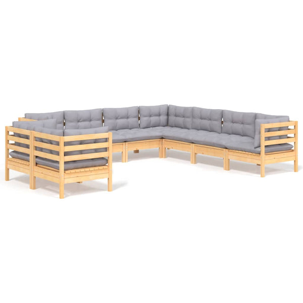 vidaXL 9-piece Garden Lounge Set with Grey Cushions Solid Pine Wood