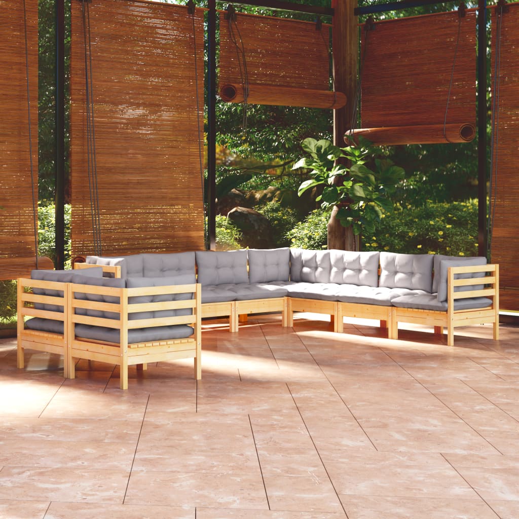 vidaXL 9-piece Garden Lounge Set with Grey Cushions Solid Pine Wood