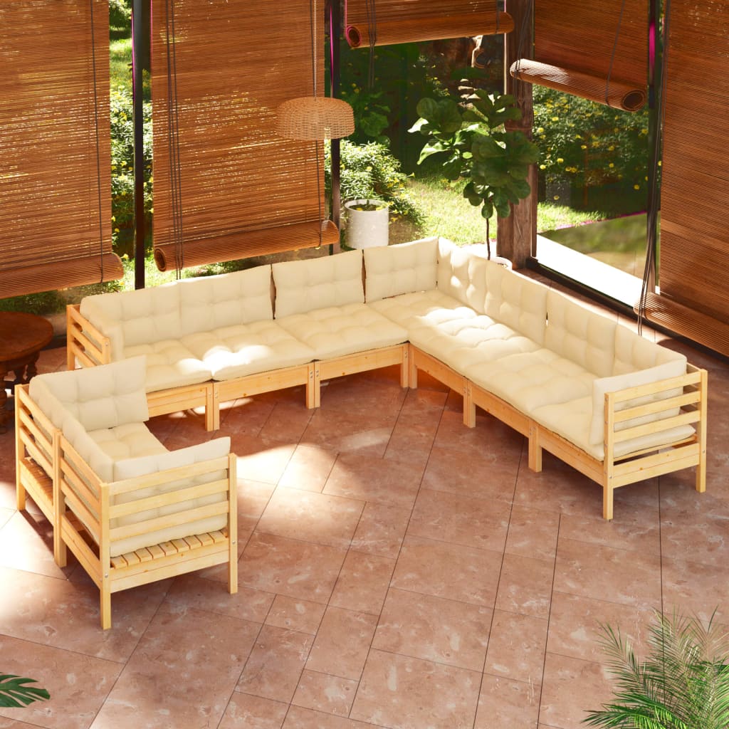 vidaXL 9-piece Garden Lounge Set with Cream Cushions Solid Pine Wood