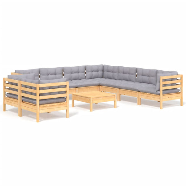 vidaXL 10-Piece Garden Lounge Set with Grey Cushions Solid Pine Wood