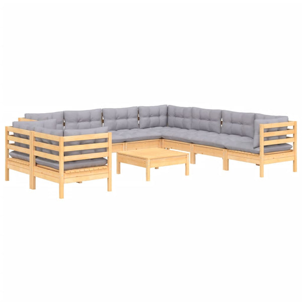 vidaXL 10-Piece Garden Lounge Set with Grey Cushions Solid Pine Wood