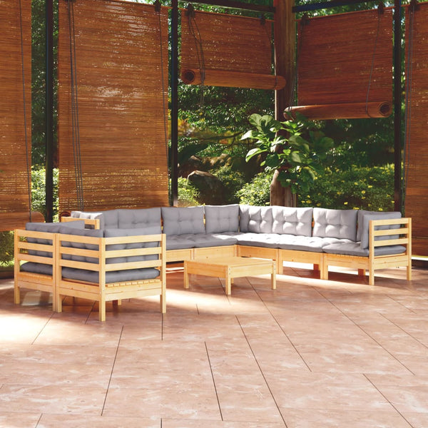 vidaXL 10-Piece Garden Lounge Set with Grey Cushions Solid Pine Wood