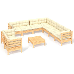 vidaXL 10-piece Garden Lounge Set with Cream Cushions Solid Pine Wood