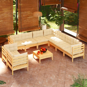 vidaXL 10-piece Garden Lounge Set with Cream Cushions Solid Pine Wood