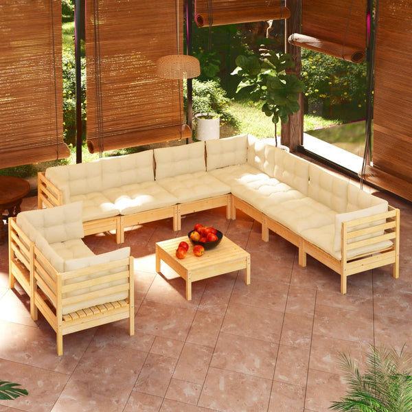 vidaXL 10-piece Garden Lounge Set with Cream Cushions Solid Pine Wood
