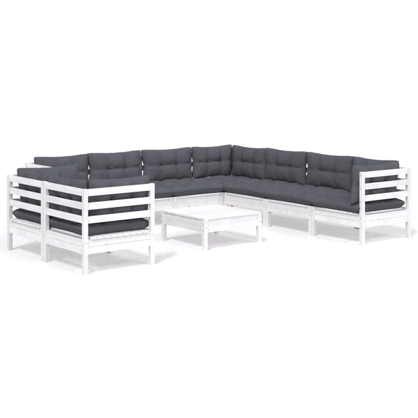 vidaXL 10-piece Garden Lounge Set with Cushions White Solid Pine Wood