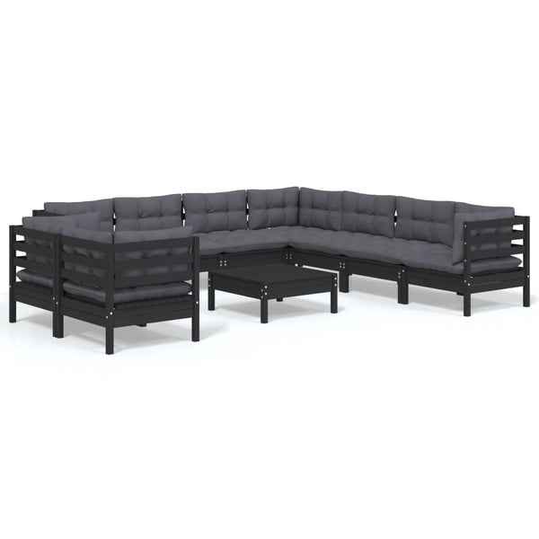 vidaXL 10-piece Garden Lounge Set with Cushions Black Solid Pine Wood
