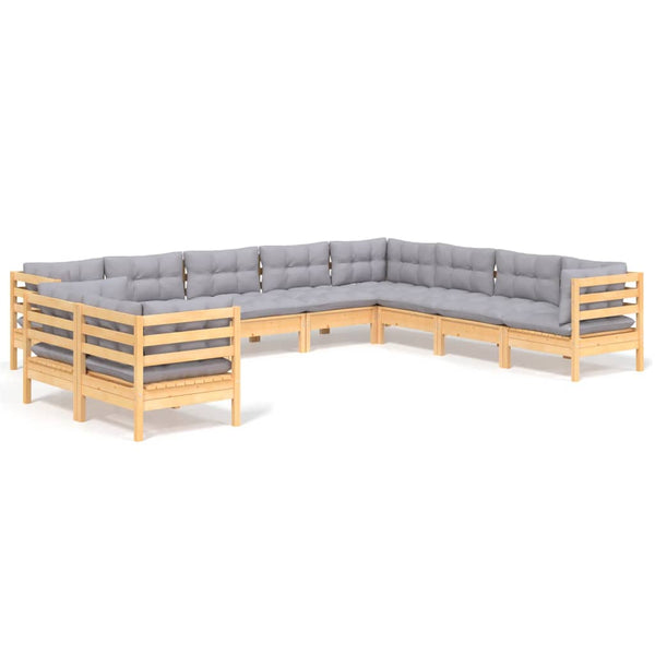 vidaXL 10-Piece Garden Lounge Set with Grey Cushions Solid Pine Wood