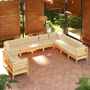 vidaXL 10-piece Garden Lounge Set with Cream Cushions Solid Pine Wood
