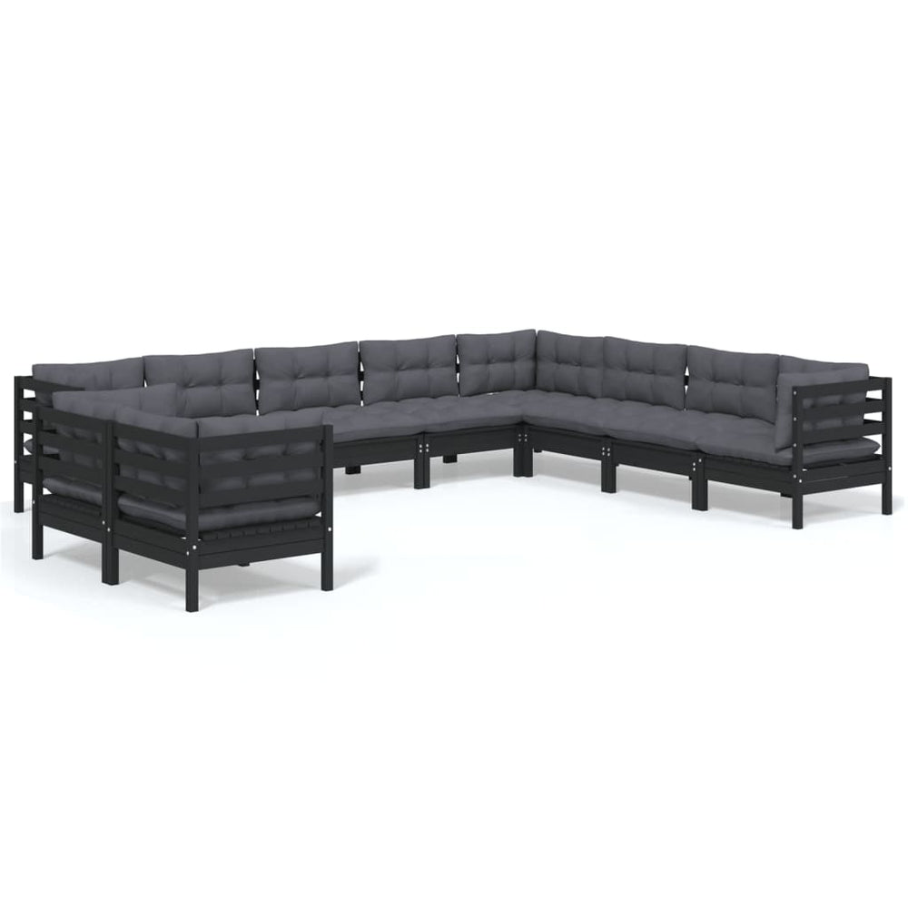 vidaXL 10-piece Garden Lounge Set with Cushions Black Solid Pine Wood