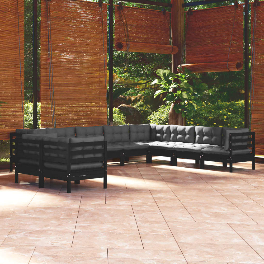 vidaXL 10-piece Garden Lounge Set with Cushions Black Solid Pine Wood