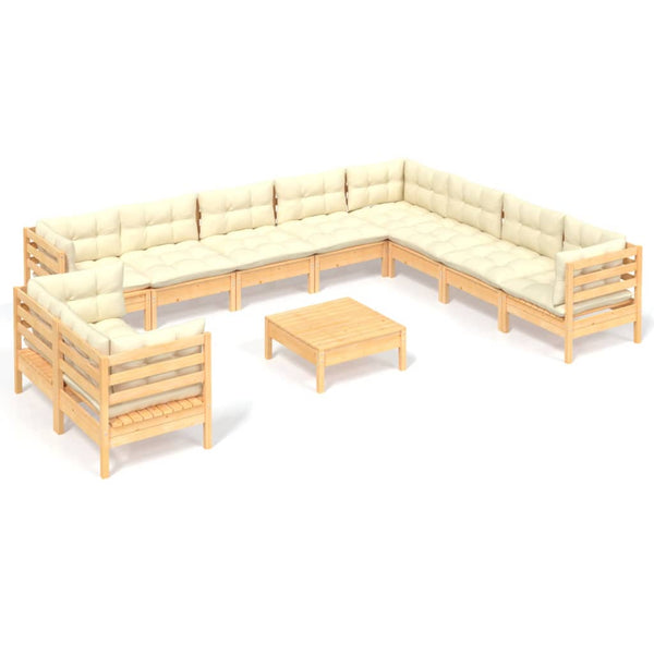 vidaXL 11-Piece Garden Lounge Set with Cream Cushions Solid Pine Wood