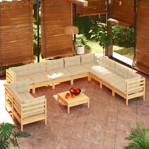 vidaXL 11-Piece Garden Lounge Set with Cream Cushions Solid Pine Wood