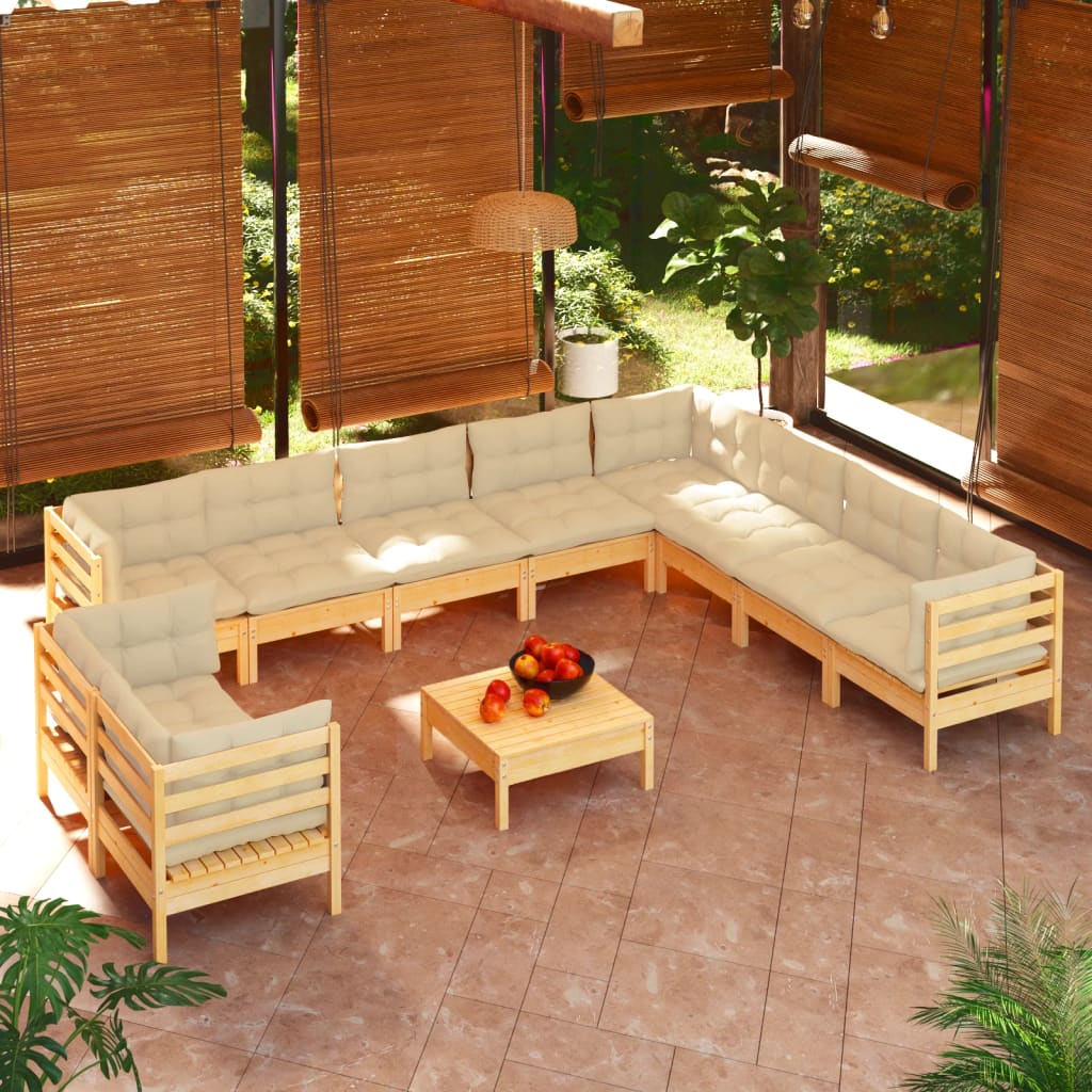 vidaXL 11-Piece Garden Lounge Set with Cream Cushions Solid Pine Wood