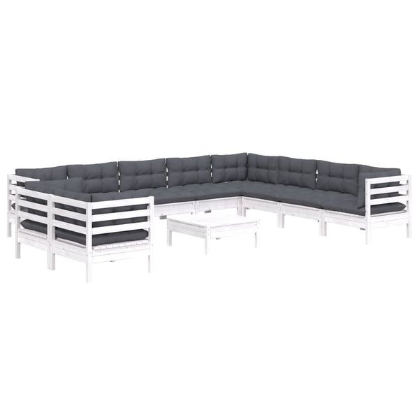 vidaXL 11-pc. Garden Lounge Set with Cushions White Solid Pine Wood