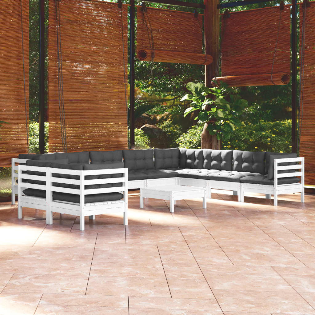 vidaXL 11-pc. Garden Lounge Set with Cushions White Solid Pine Wood