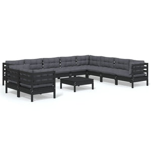 vidaXL 11-Piece Garden Lounge Set with Cushions Black Solid Pine Wood