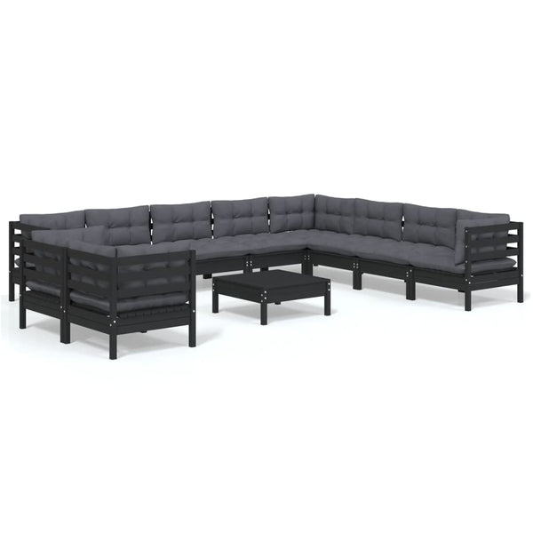 vidaXL 11-Piece Garden Lounge Set with Cushions Black Solid Pine Wood