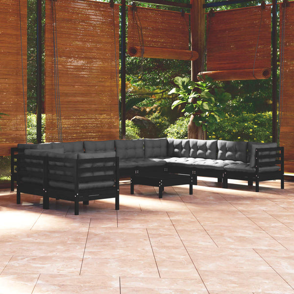 vidaXL 11-Piece Garden Lounge Set with Cushions Black Solid Pine Wood