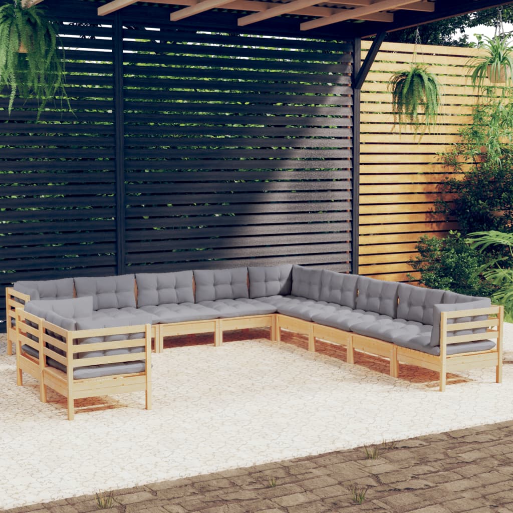vidaXL 11-Piece Garden Lounge Set with Grey Cushions Solid Pinewood