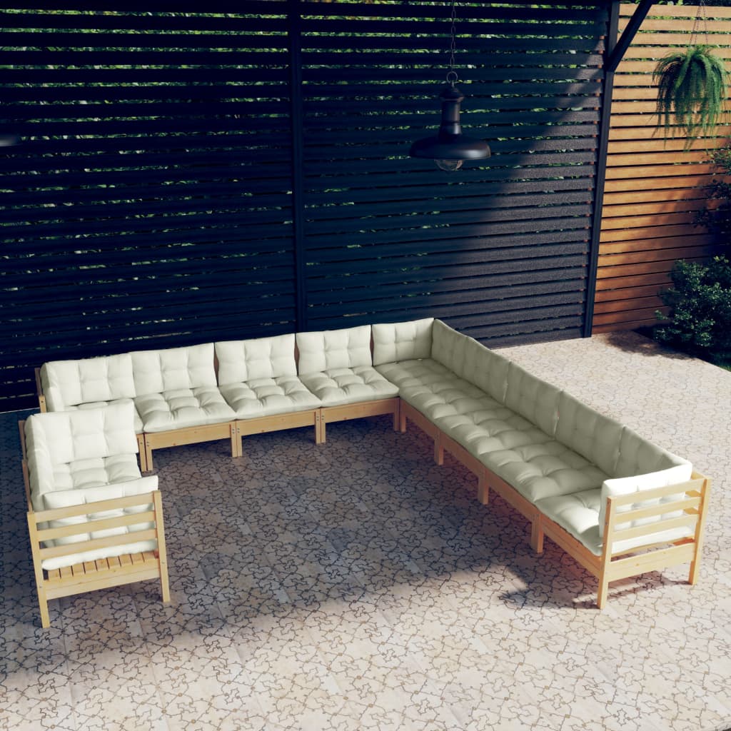 vidaXL 11-Piece Garden Lounge Set with Cream Cushions Solid Pine Wood