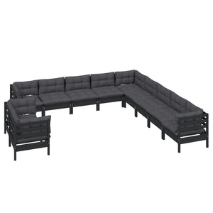 vidaXL 11-Piece Garden Lounge Set with Cushions Black Solid Pine Wood