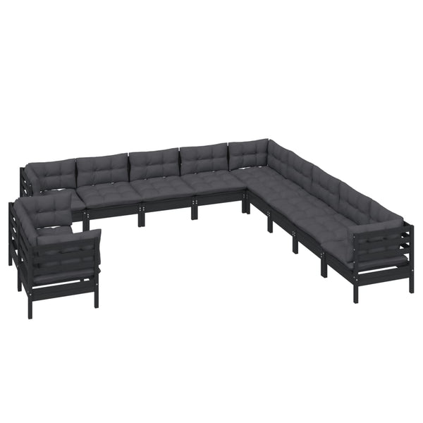 vidaXL 11-Piece Garden Lounge Set with Cushions Black Solid Pine Wood