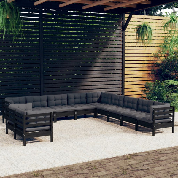 vidaXL 11-Piece Garden Lounge Set with Cushions Black Solid Pine Wood