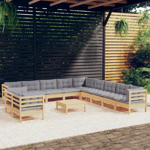 vidaXL 12-piece Garden Lounge Set with Grey Cushions Solid Pine Wood