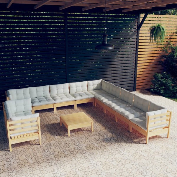 vidaXL 12-piece Garden Lounge Set with Cream Cushions Solid Pine Wood