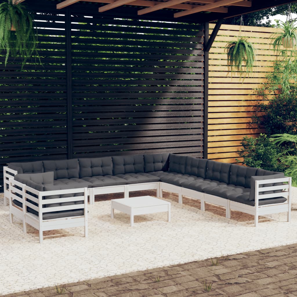 vidaXL 12-piece Garden Lounge Set with Cushions White Solid Pine Wood