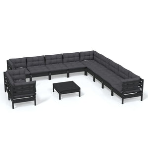 vidaXL 12-Piece Garden Lounge Set with Cushions Black Solid Pine Wood